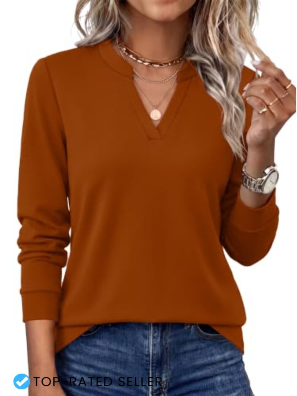 V Neck Business Casual Blouse Long Sleeve Stretchable Pullover